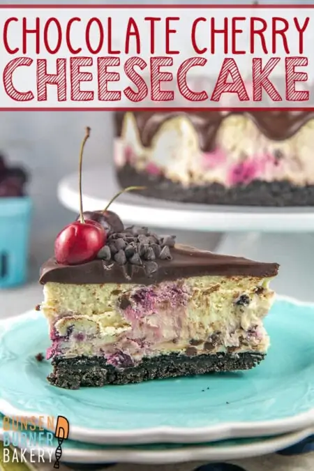 Chocolate Cherry Cheesecake is made with a chocolate cookie crust, chocolate chip cherry cheesecake filling (made with FRESH cherries!), and a chocolate ganache or cherry fudge topping. Don't forget the cherries on top!