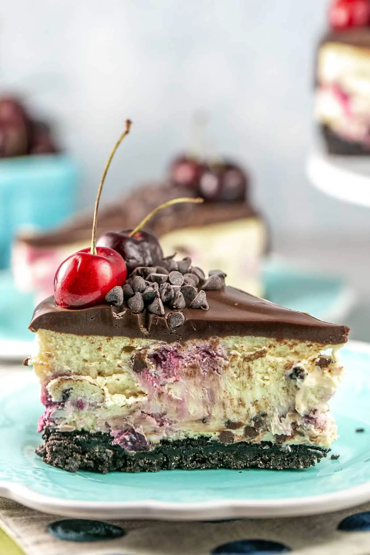 side view of cheesecake showing oreo crust, fresh cherry cheesecake, and ganache