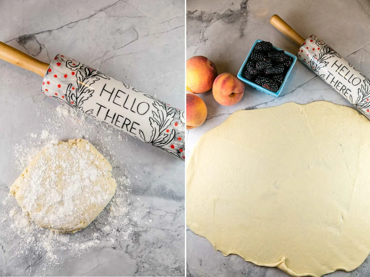 side by side photos of galette dough in a ball and rolled out in a circle