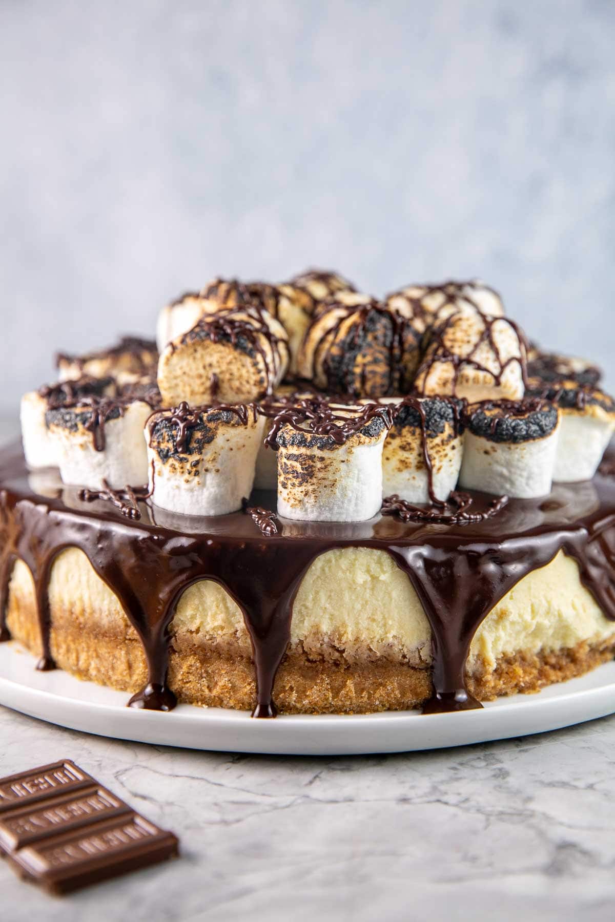 cheesecake covered with chocolate ganache and toasted marshmallows