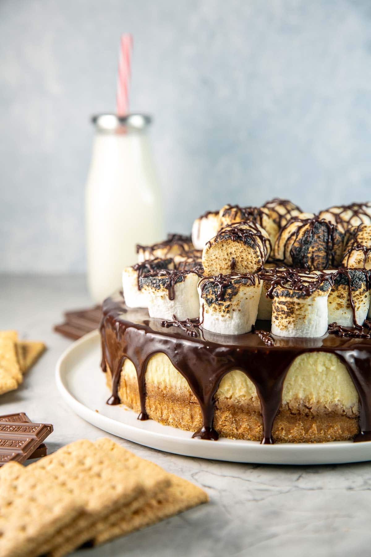 s'mores cheesecake with graham crackers and chocolate bars