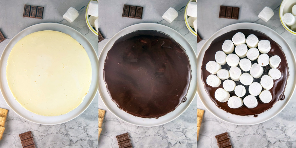 step by step photos of how to decorate a s'mores cheesecake