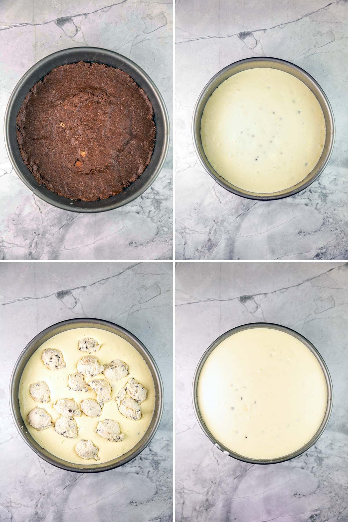 Side by side photos of the steps of assembling the cheesecake.