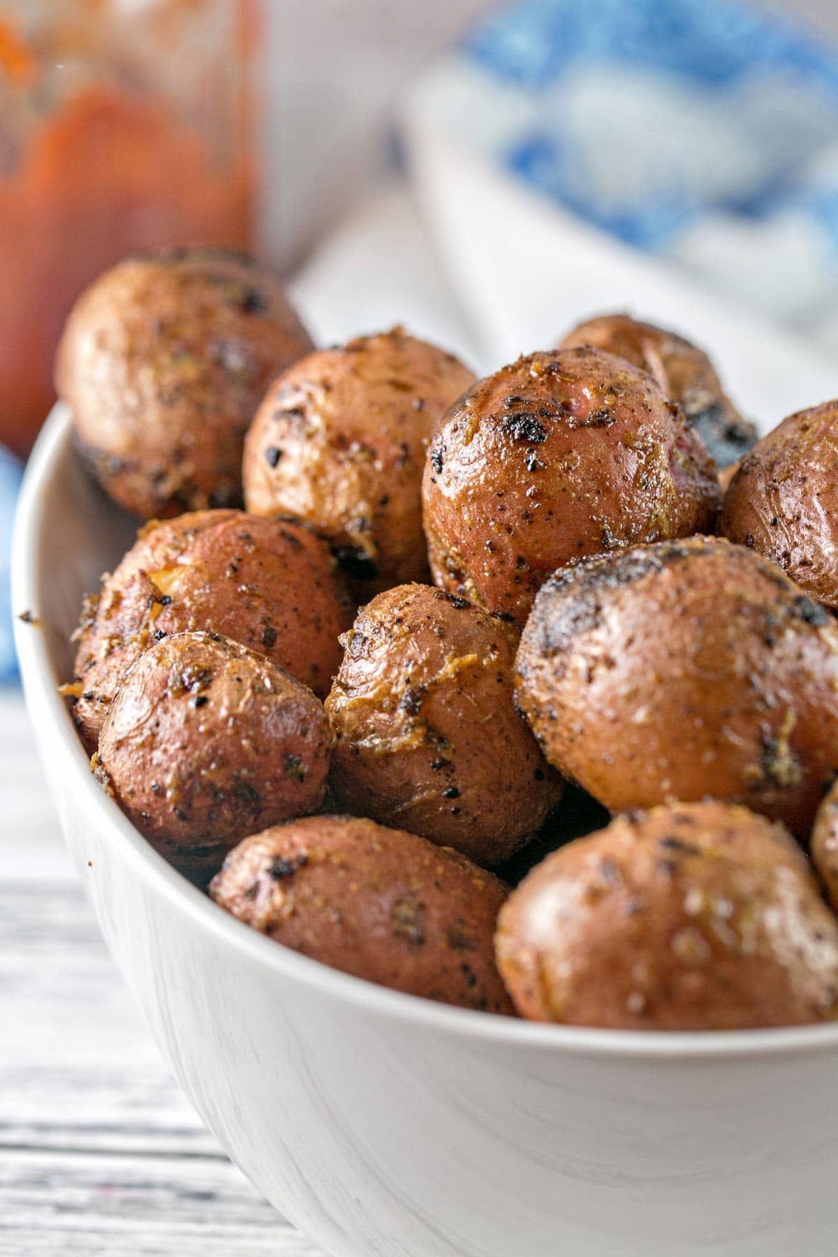 grilled new potatoes in a serving bowl