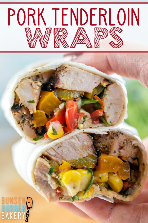 Grilled Pork Tenderloin Wraps: herb-rubbed pork tenderloin with grilled peppers and onions and a homemade corn salsa wrapped in a corn tortilla. Perfect for dining on the go - great for picnics and packed lunches!