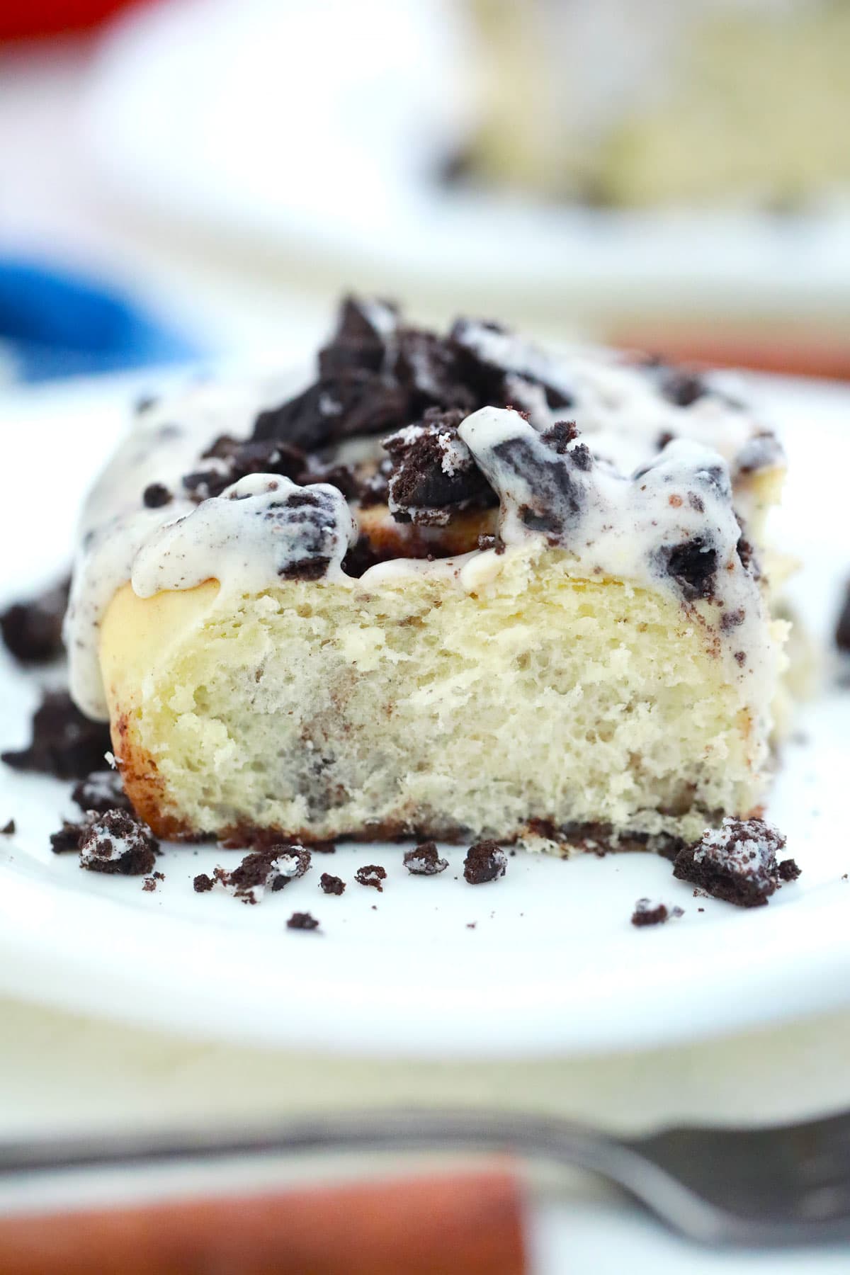 oreo cinnamon roll on a white plate