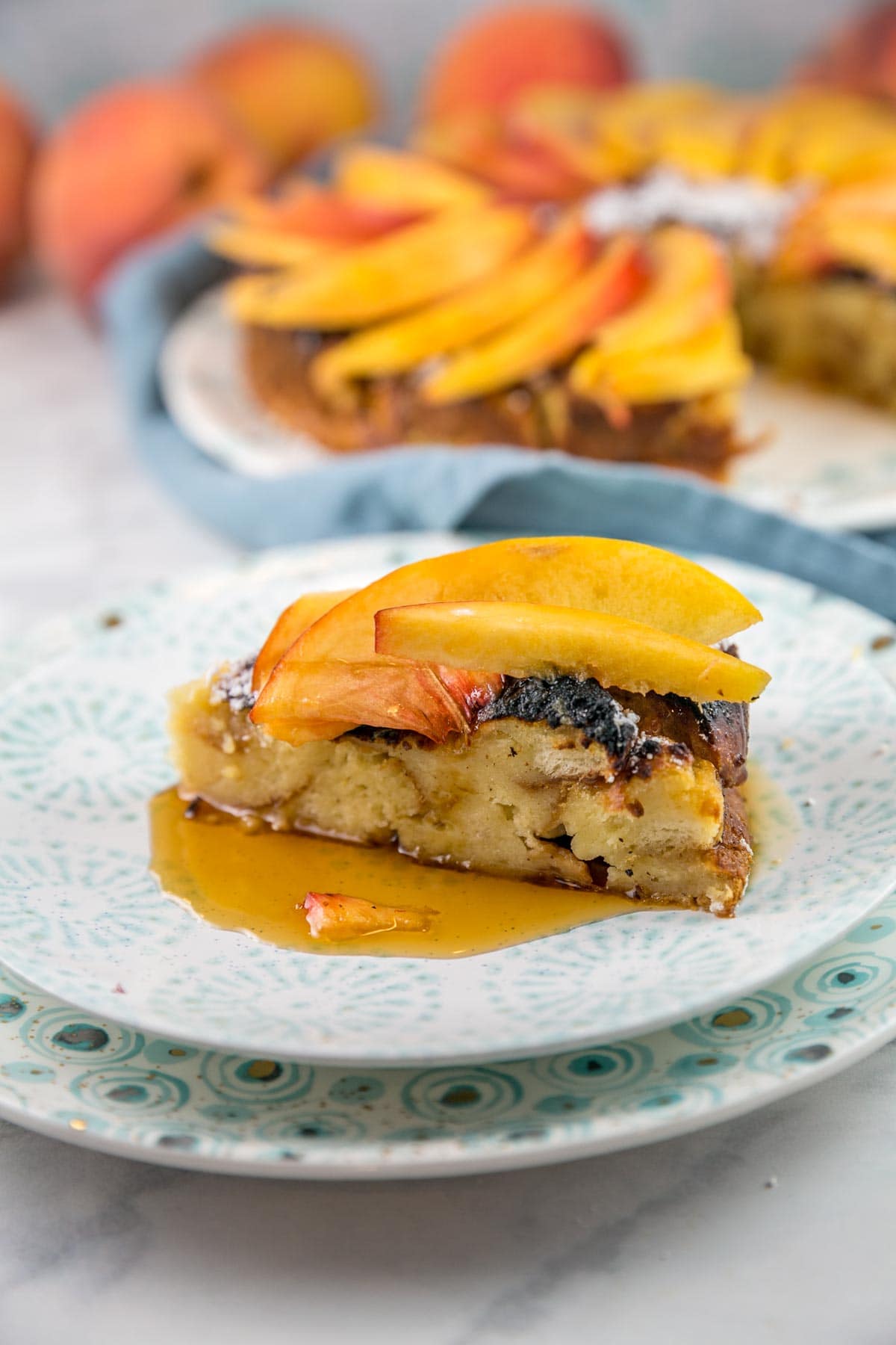 slice of french toast casserole covered with maple syrup