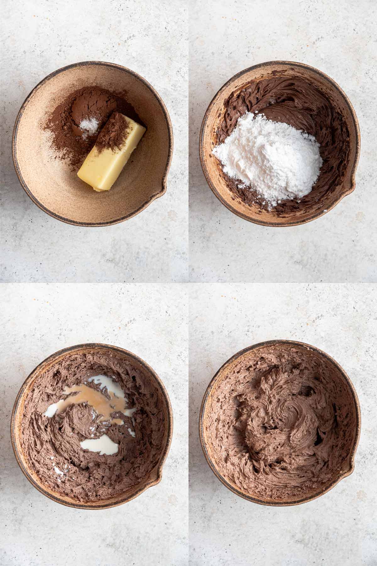 combining ingredients in a mixing bowl to make chocolate frosting