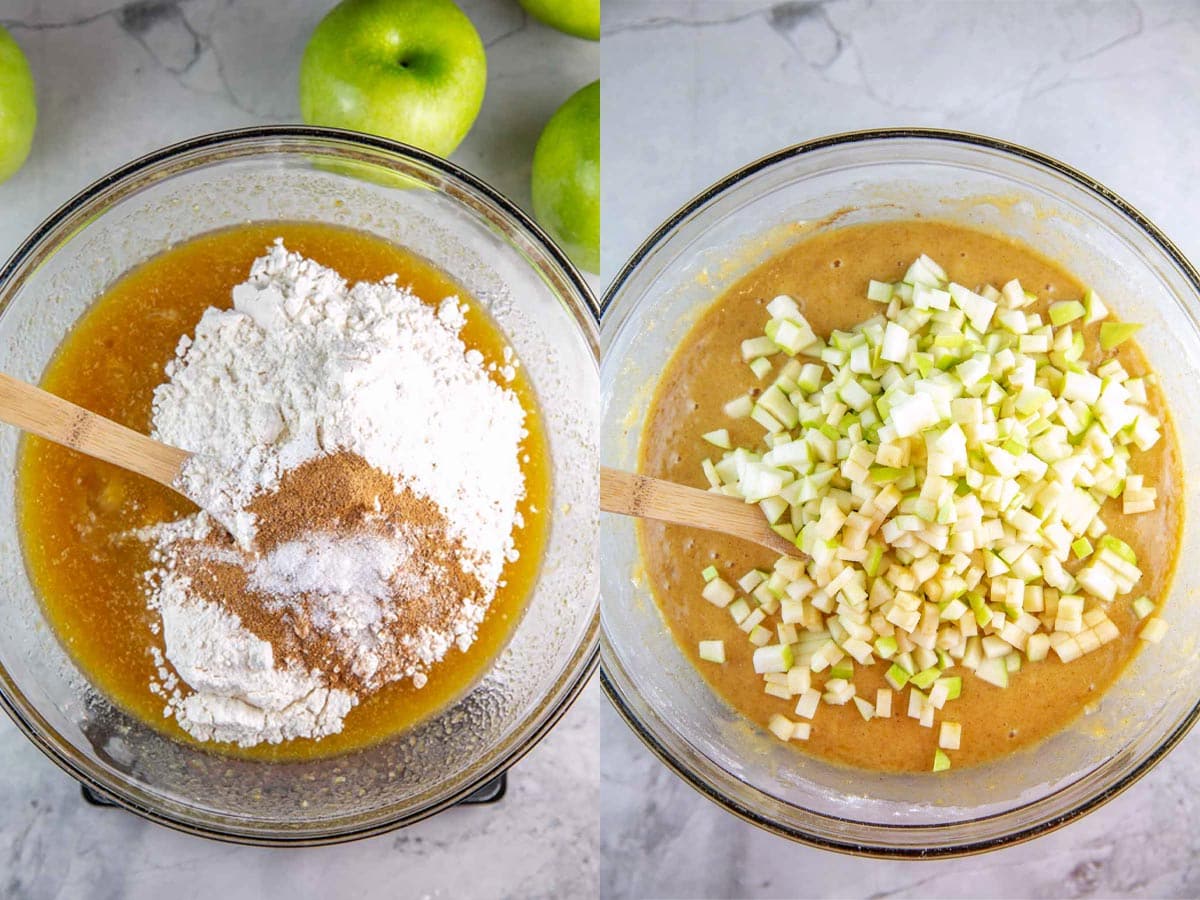 Step by step photos of mixing the cake batter in a glass bowl. 