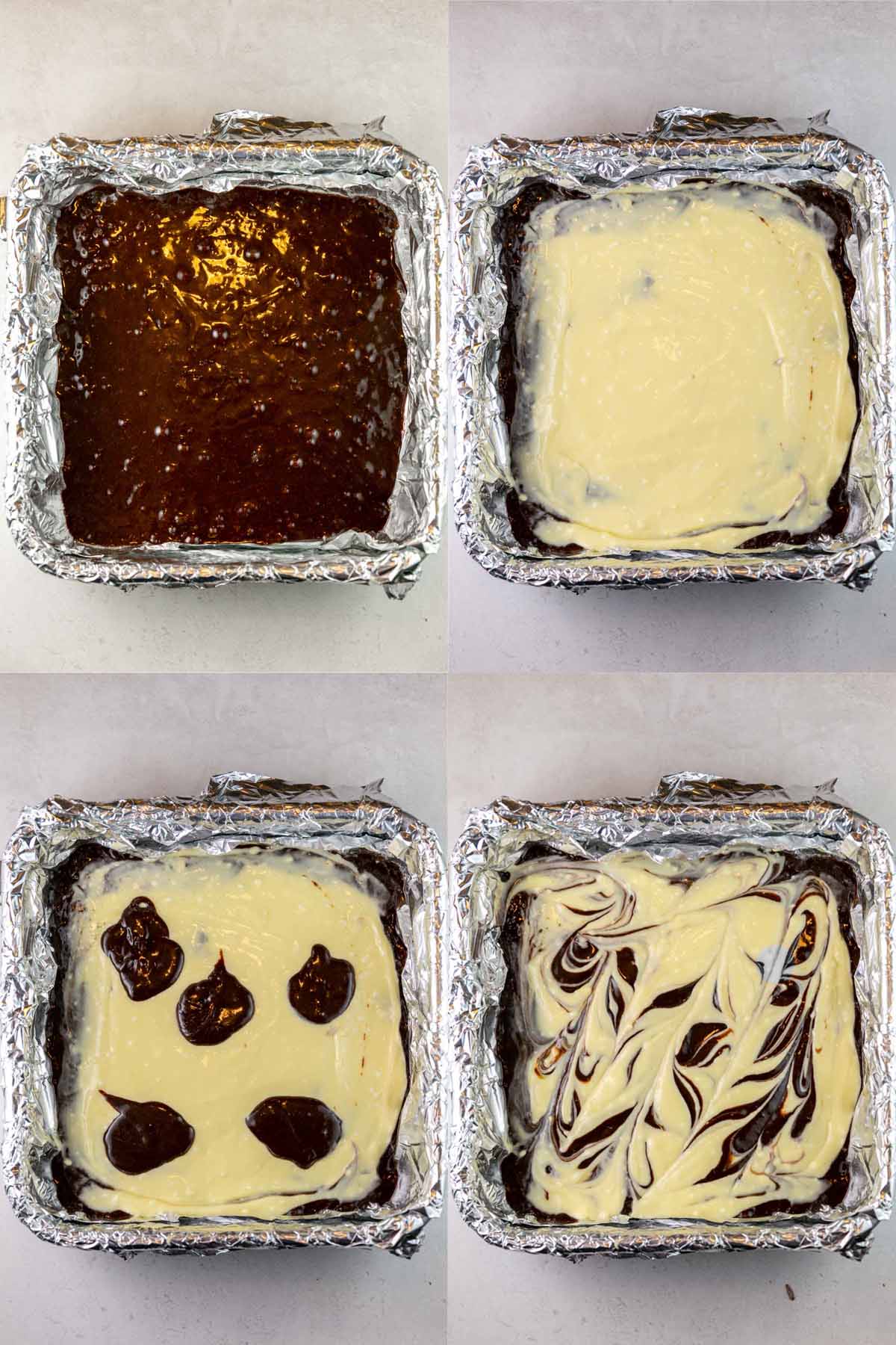step by step photos of layering cream cheese and brownie batter to swirl