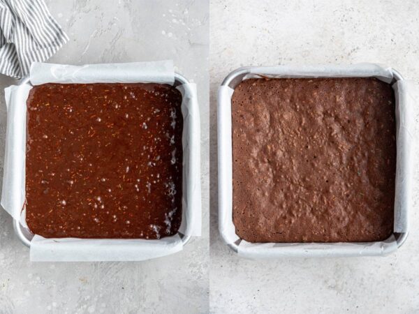 brownies in a square pan before and after baking