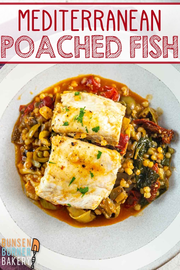 This flavorful and veggie-packed Mediterranean Poached Fish with Couscous features marinated veggies, an aromatic sauce, and perfectly cooked couscous. Get dinner on the table with this easy one pot meal!