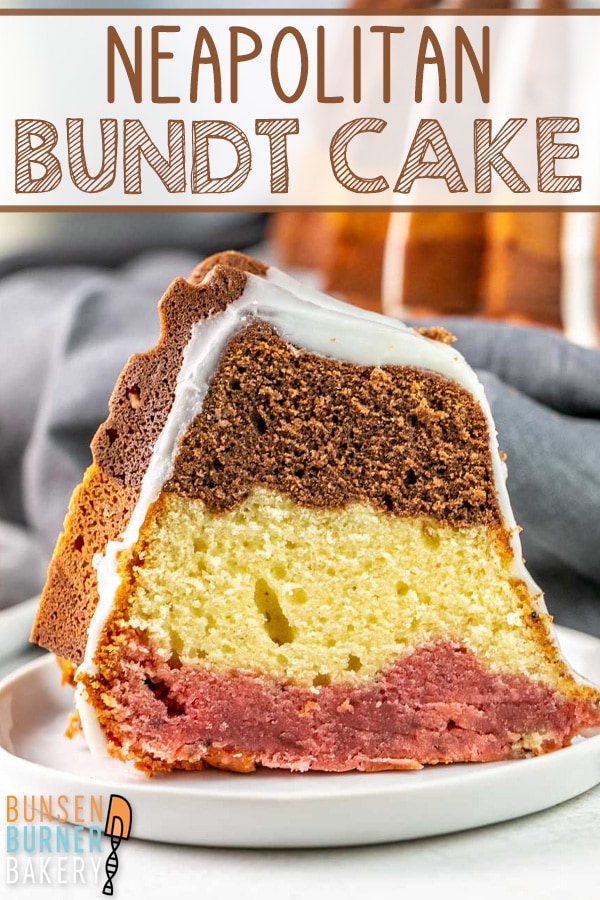 Inspired by classic Neapolitan ice cream, this Neapolitan Bundt Cake features three moist layers of strawberry, vanilla and chocolate cake and is topped with a powdered sugar glaze!