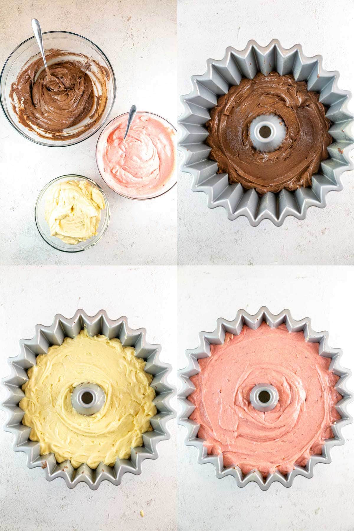 Side by side photos of the step by step assembly of a Neapolitan bundt cake. 