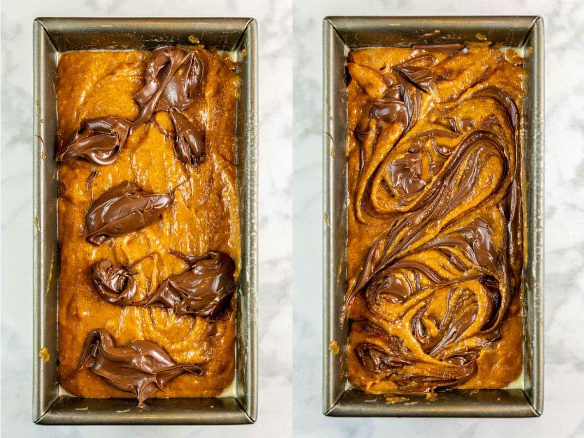 loaf pan filled with pumpkin batter and dollops of nutella.