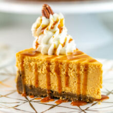 sweet potato cheesecake with salted caramel drizzle running down the side