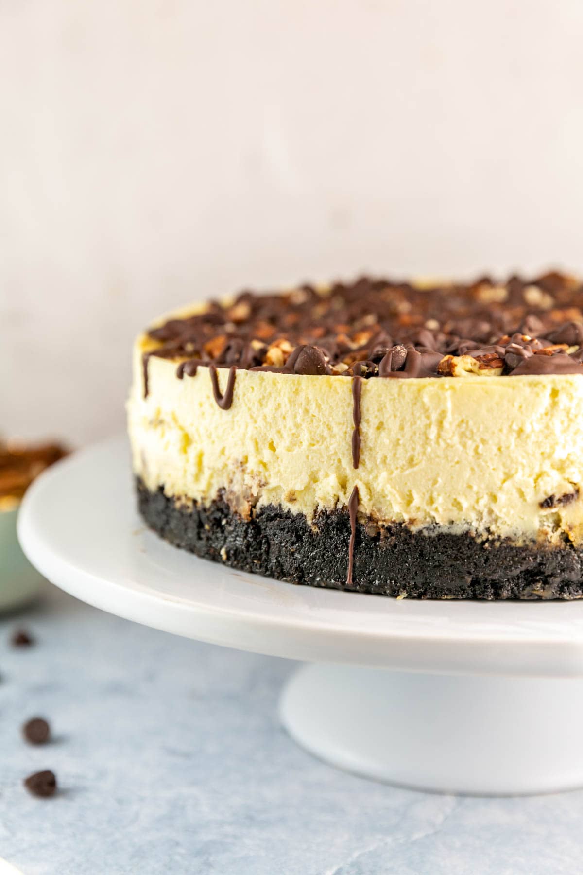 Side view of cheesecake with crust, cheesecake and topping layers on a cake stand.