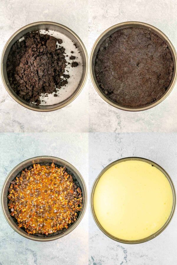 Side by side images of assembly of the turtle cheesecake. 