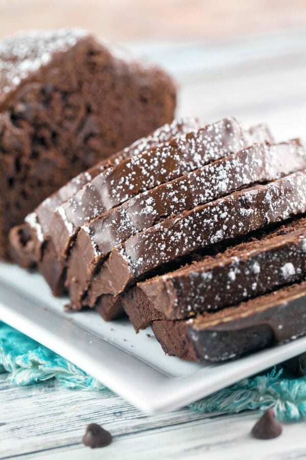 slices of chocolate quick bread on a white rectangular plate