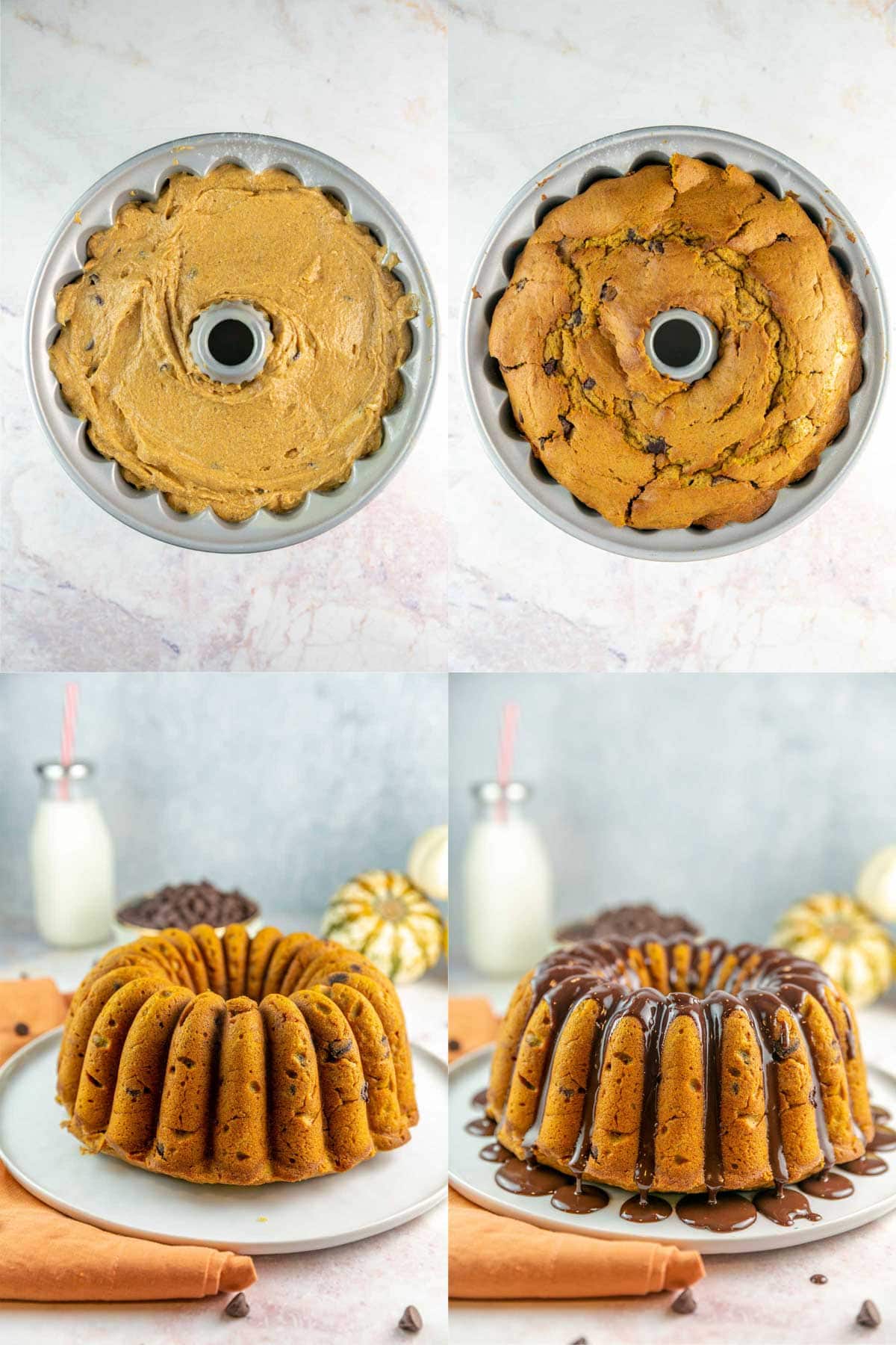 bundt cake before baking, after baking, and after pouring on chocolate glaze