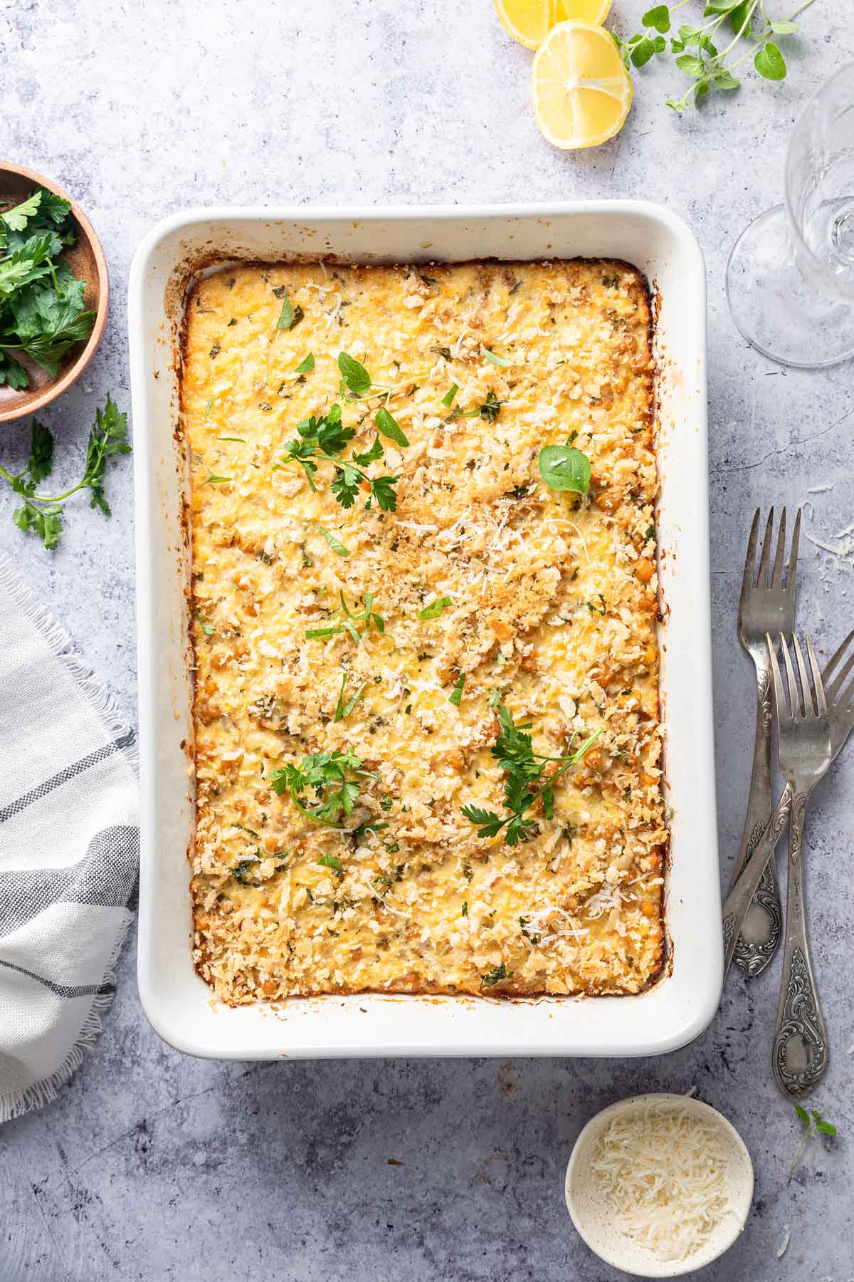 chickpea casserole in a white baking dish.