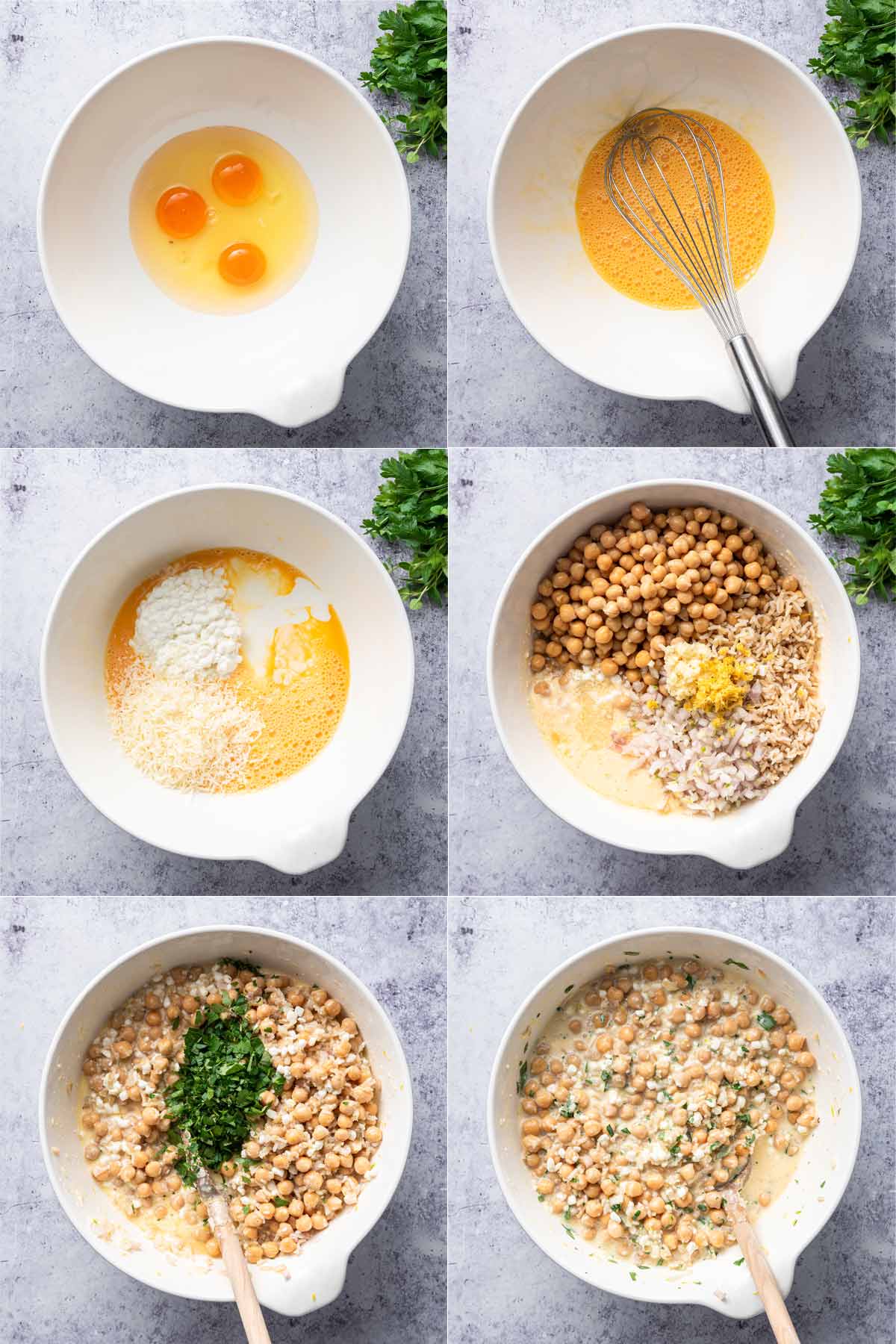 step by step photos of mixing ingredients for the chickpea casserole