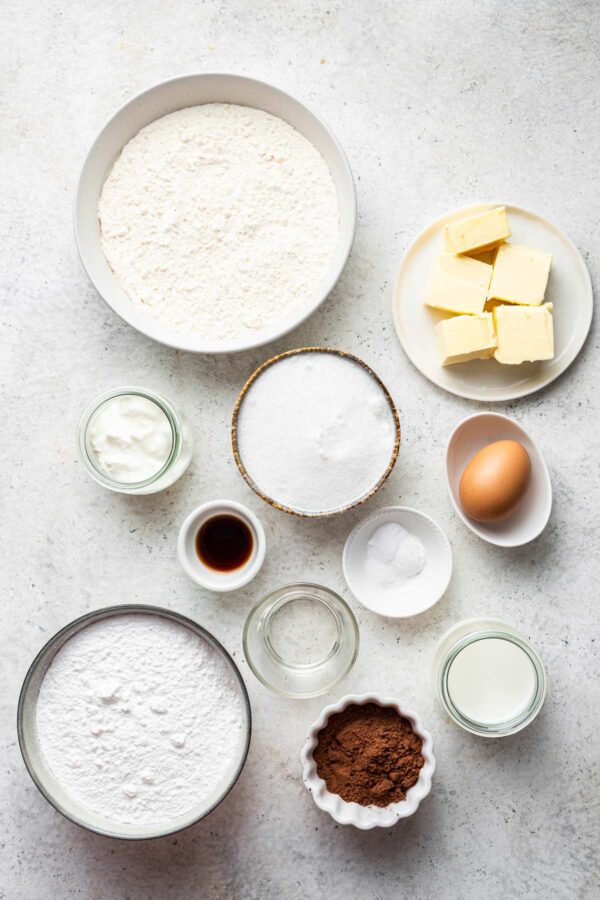 overhead photo of ingredients for black and white cookies