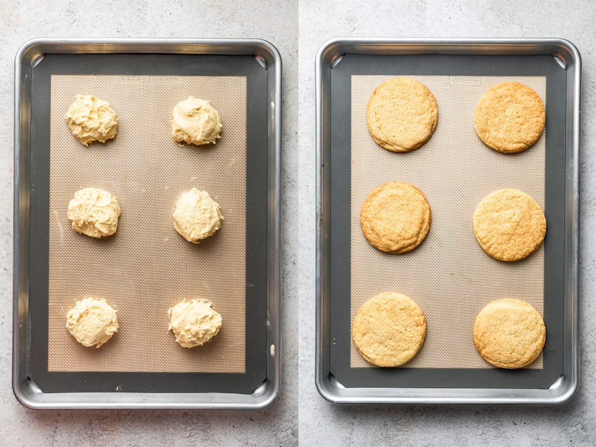 fluffy round cookies before and after baking