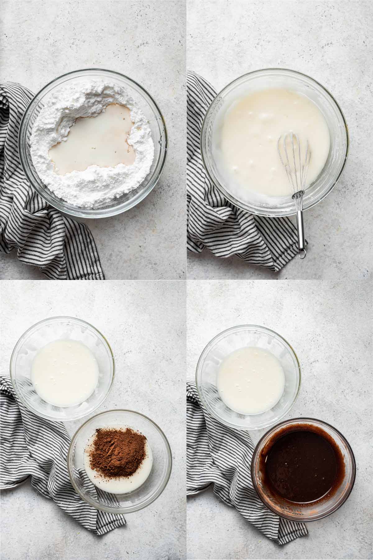 step by step photos of whisking the vanilla and chocolate glazes