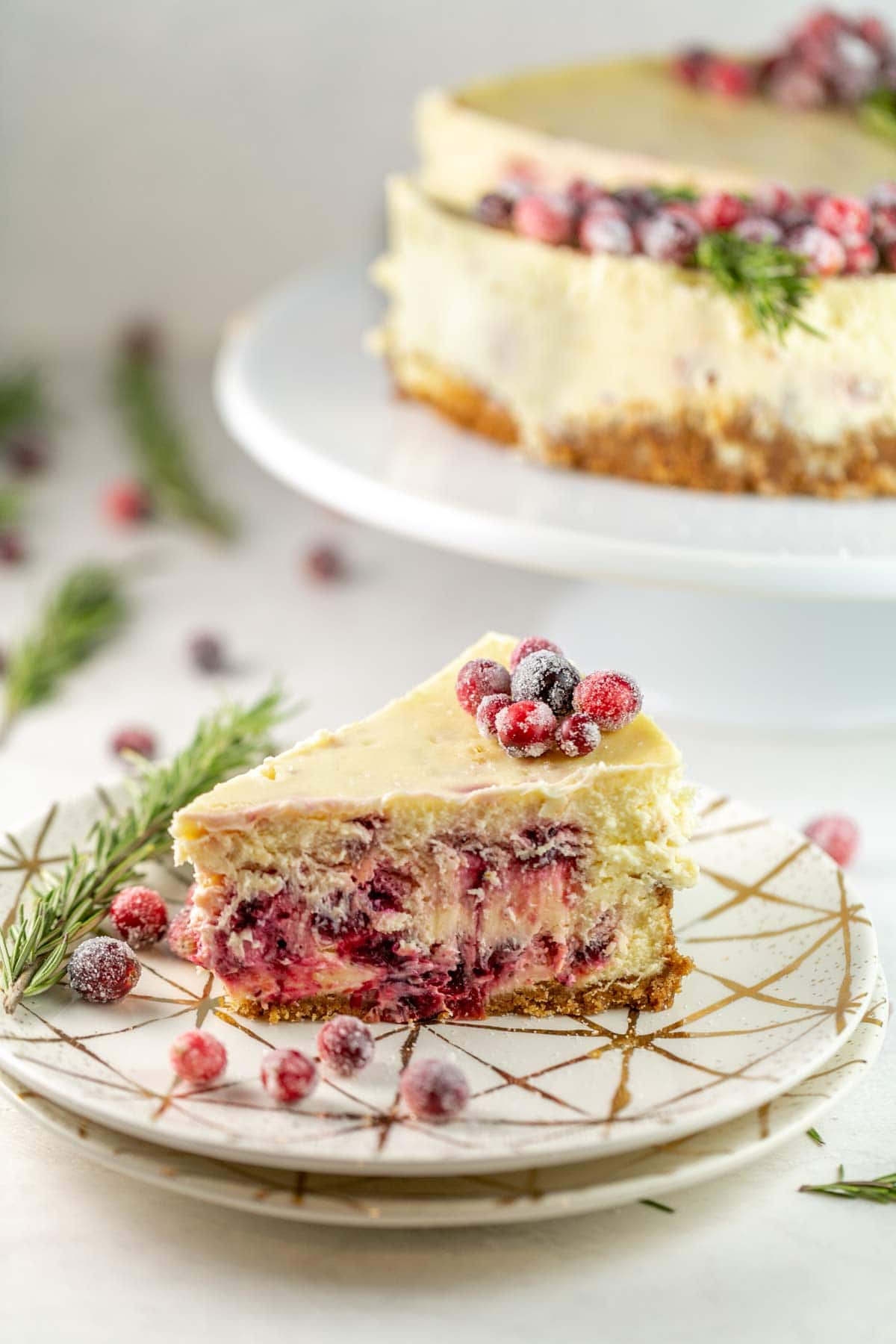 cranberry cheesecake decorated with sugared cranberries and rosemary.