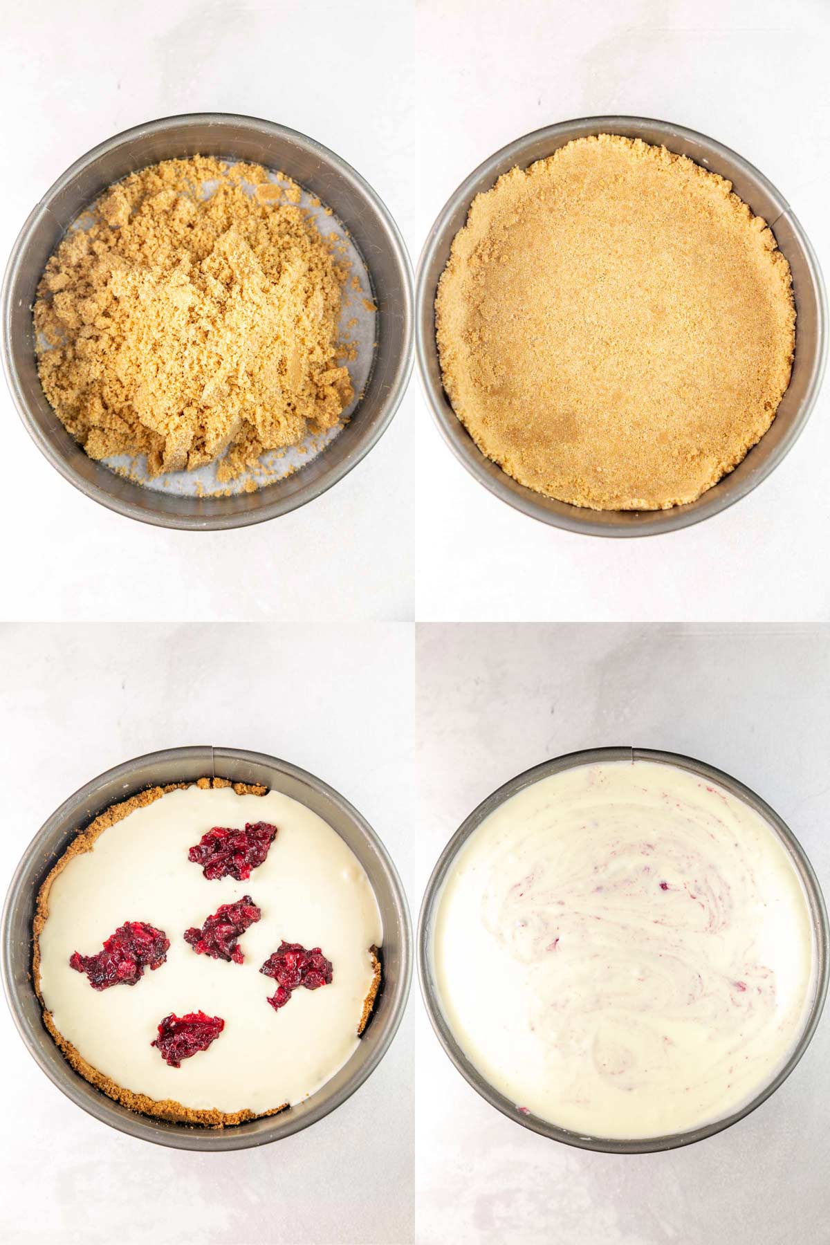 step by step instructions showing how to make a cranberry swirl cheesecake