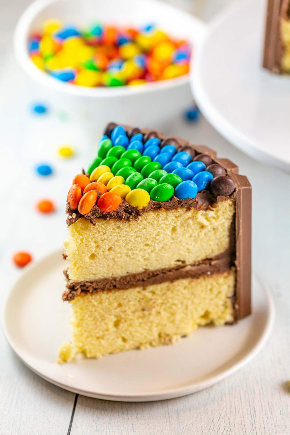 Slice of M&M candy cake on a white plate. 