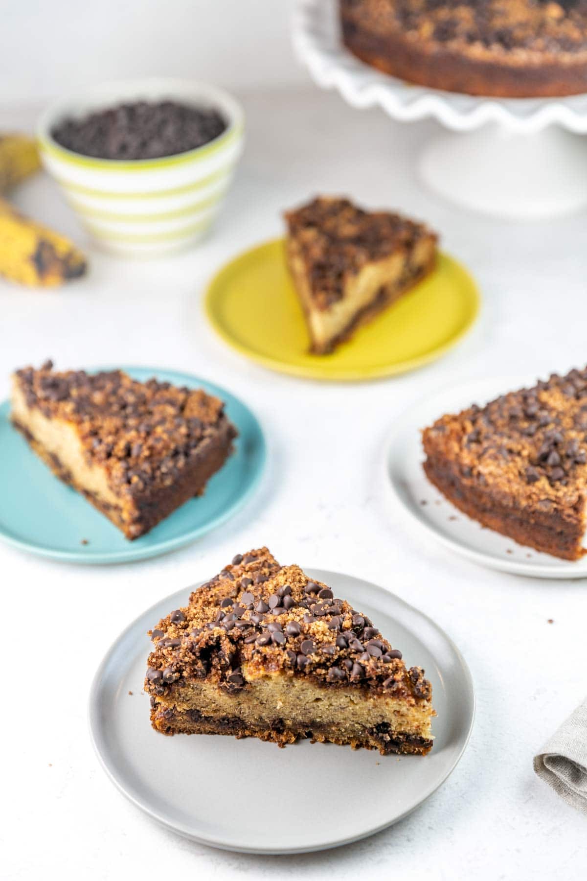 four slices of cake showing the thick fluffy cake texture