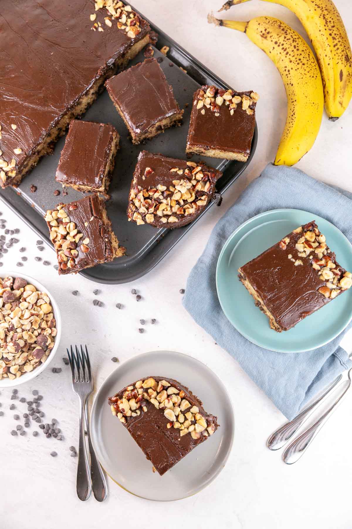 overhead view of slices of banana cake covered with a cracked nutella glaze 