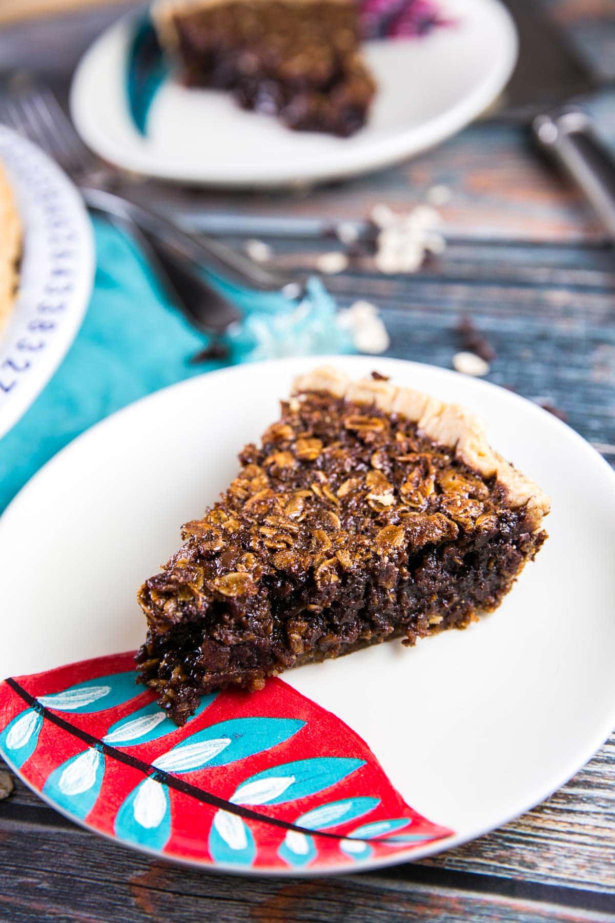 slice of molasses oatmeal pie on a decorative dessert plate