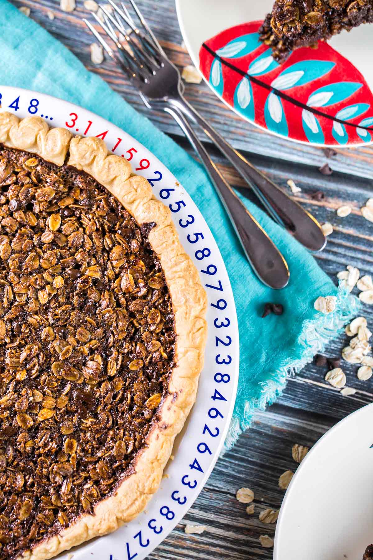 view of half of a baked pie with a chocolate molasses oatmeal filling