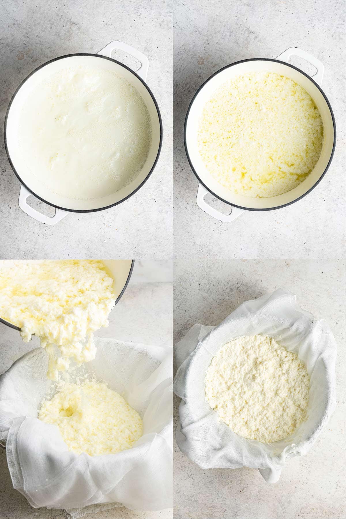Step by step photos of boiling milk and separating the whey curds. 