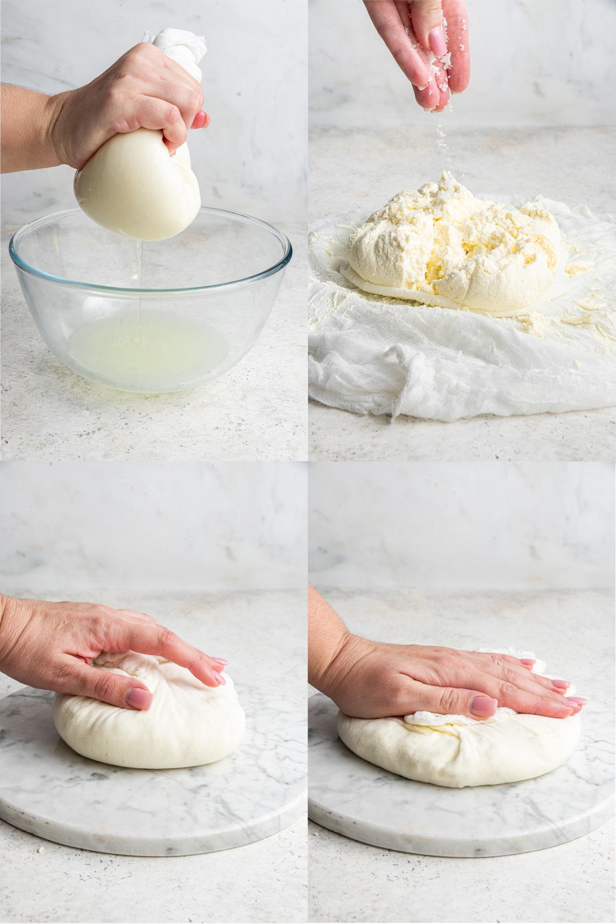 Step by step photos of extracting liquid from paneer and shaping it. 