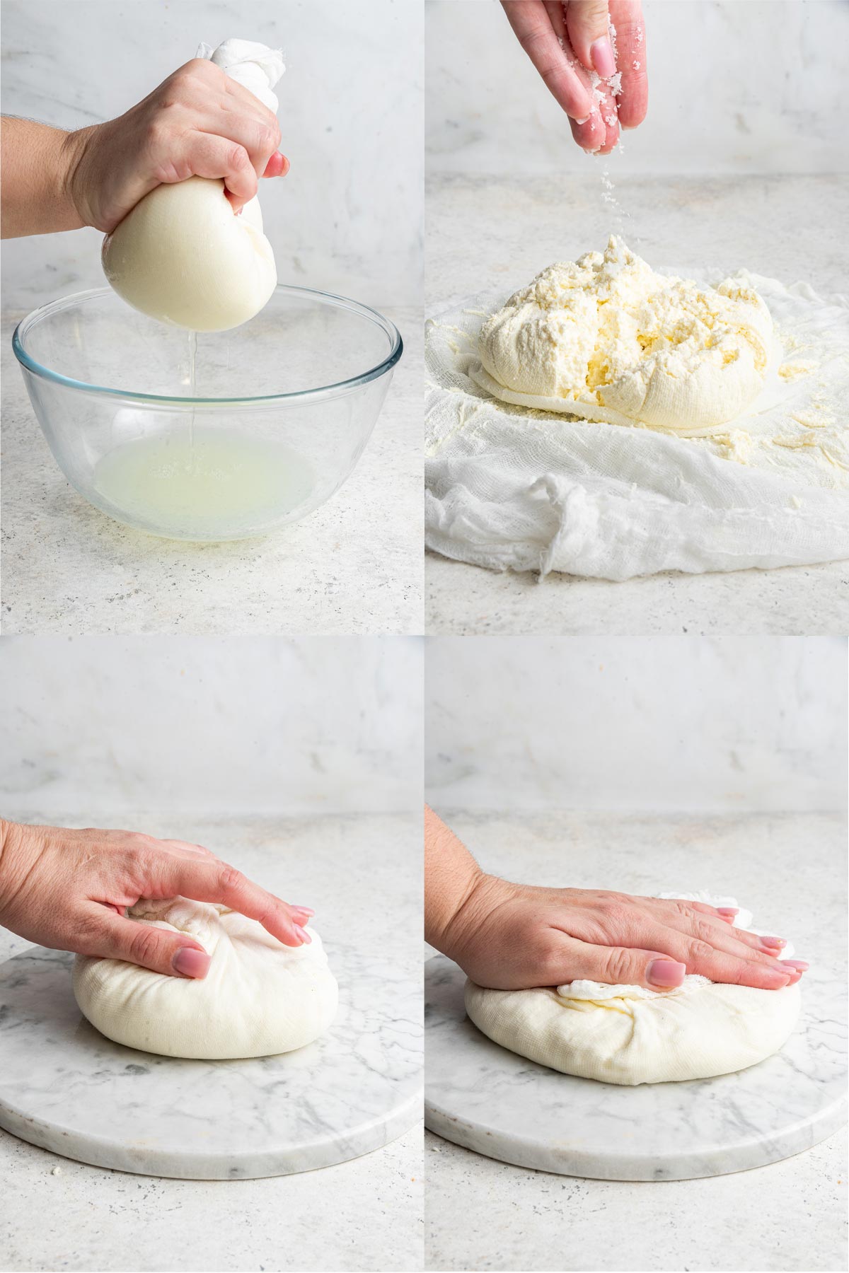 Step by step photos of extracting liquid from paneer and shaping it.