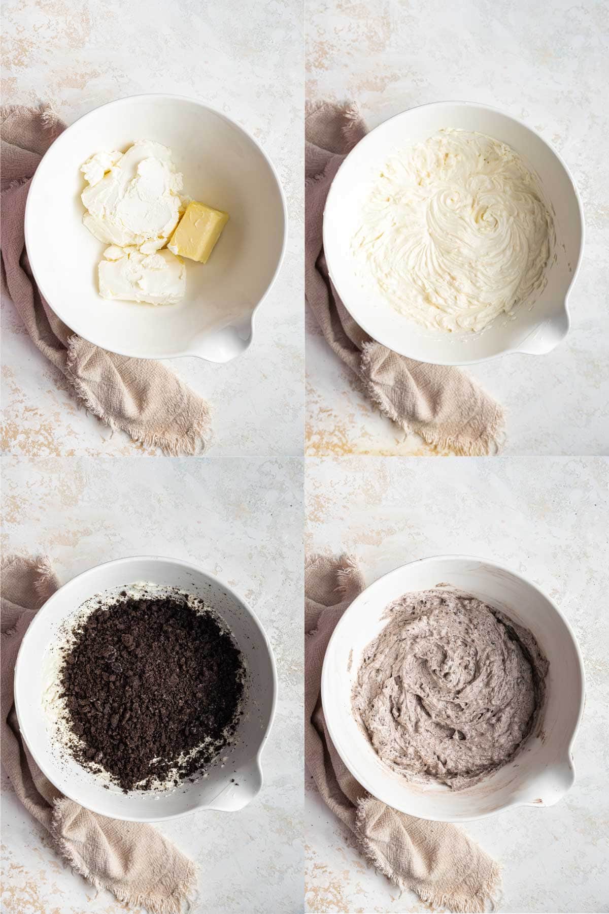 step by step photos showing how to make oreo cream cheese frosting