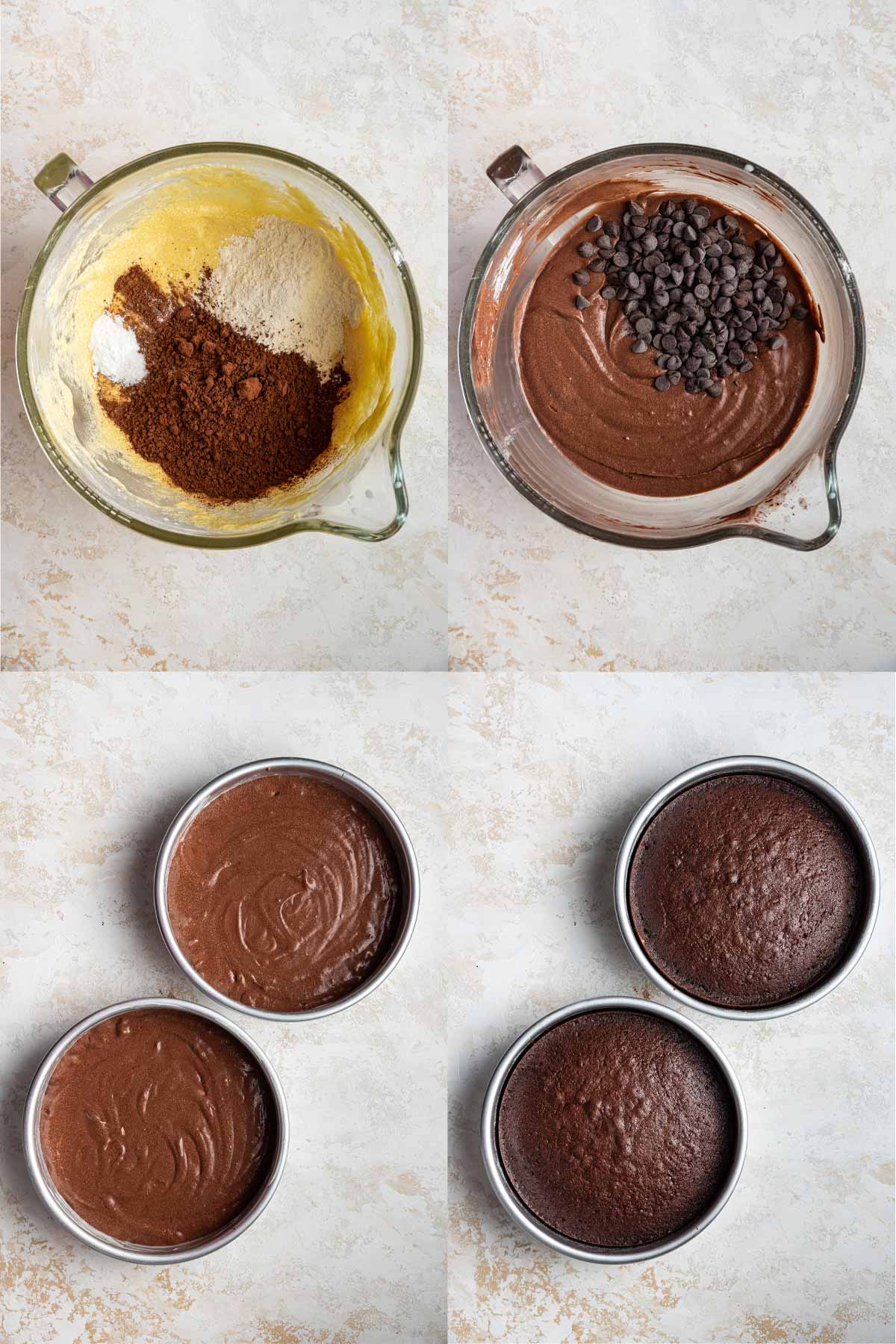 photos showing chocolate cake batter and two round chocolate cakes before and after baking