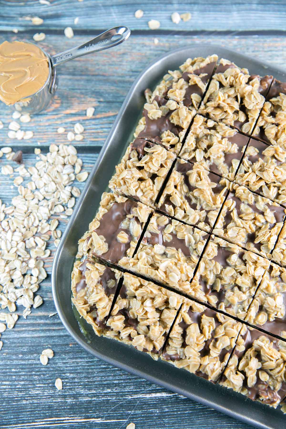 peanut butter oatmeal bars in a 9x13 inch baking pan