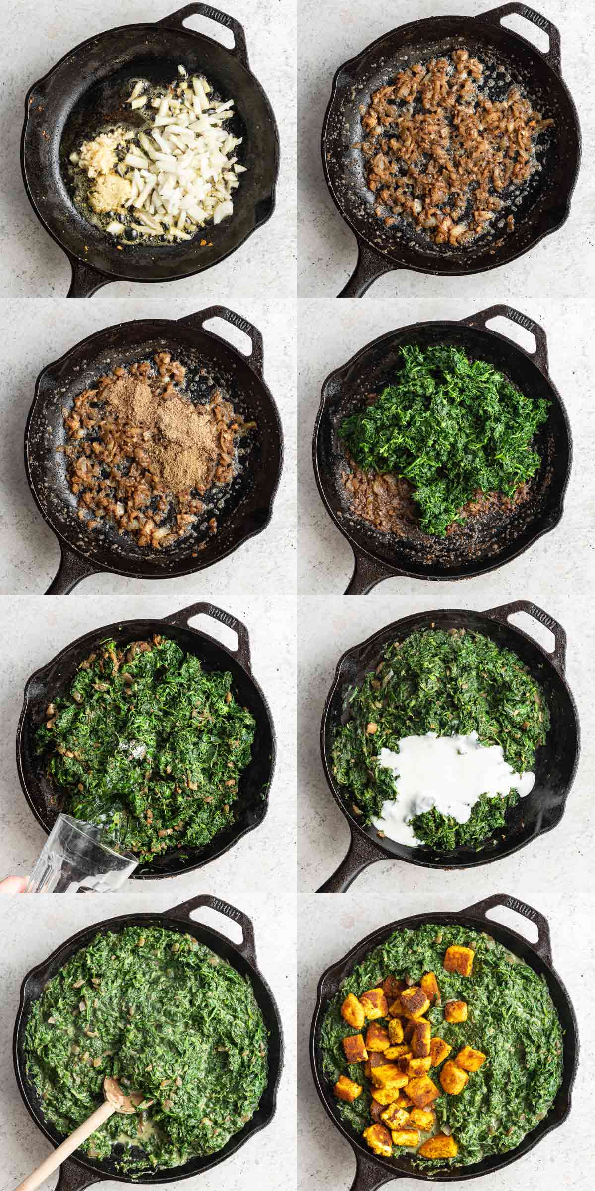 step by step photos showing how to make saag paneer