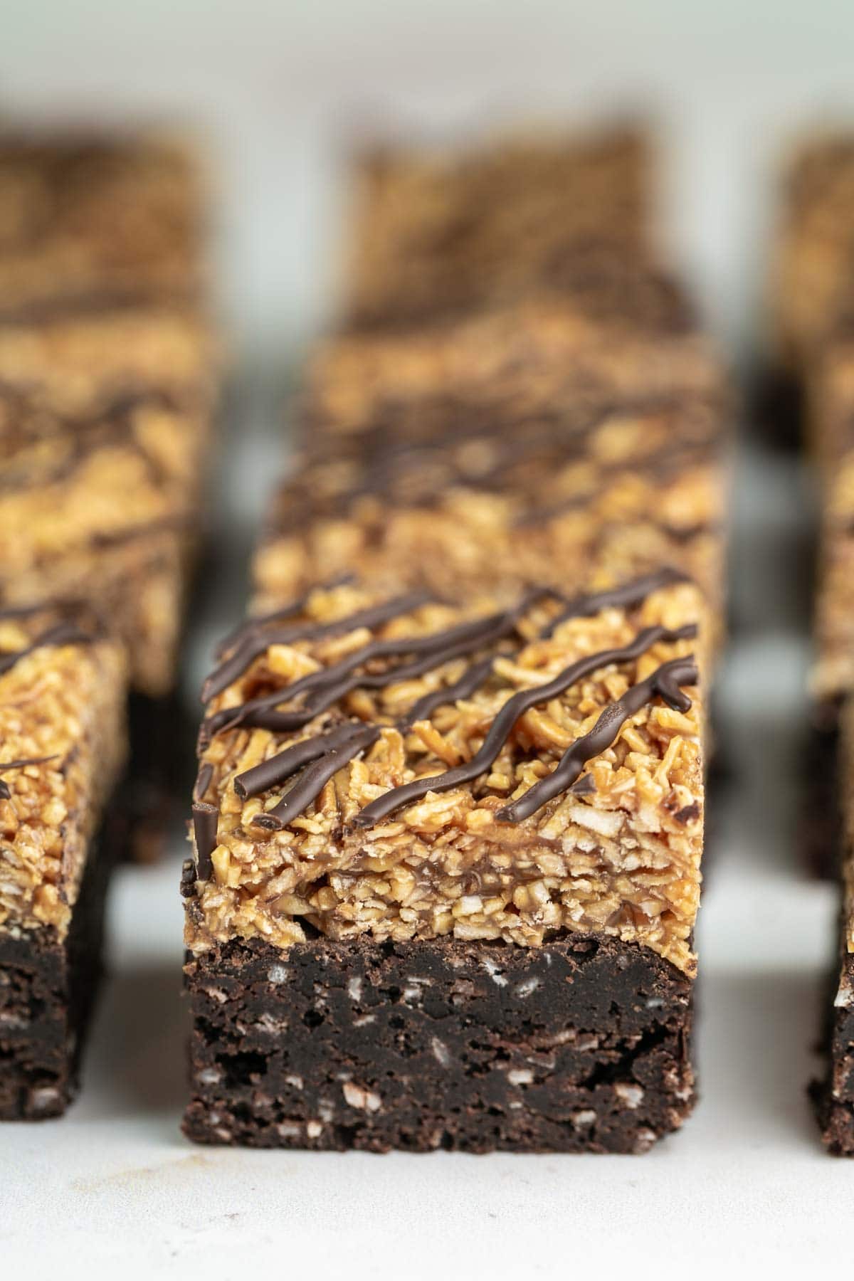 rows of samoa brownies with coconut caramel and drizzled chocolate