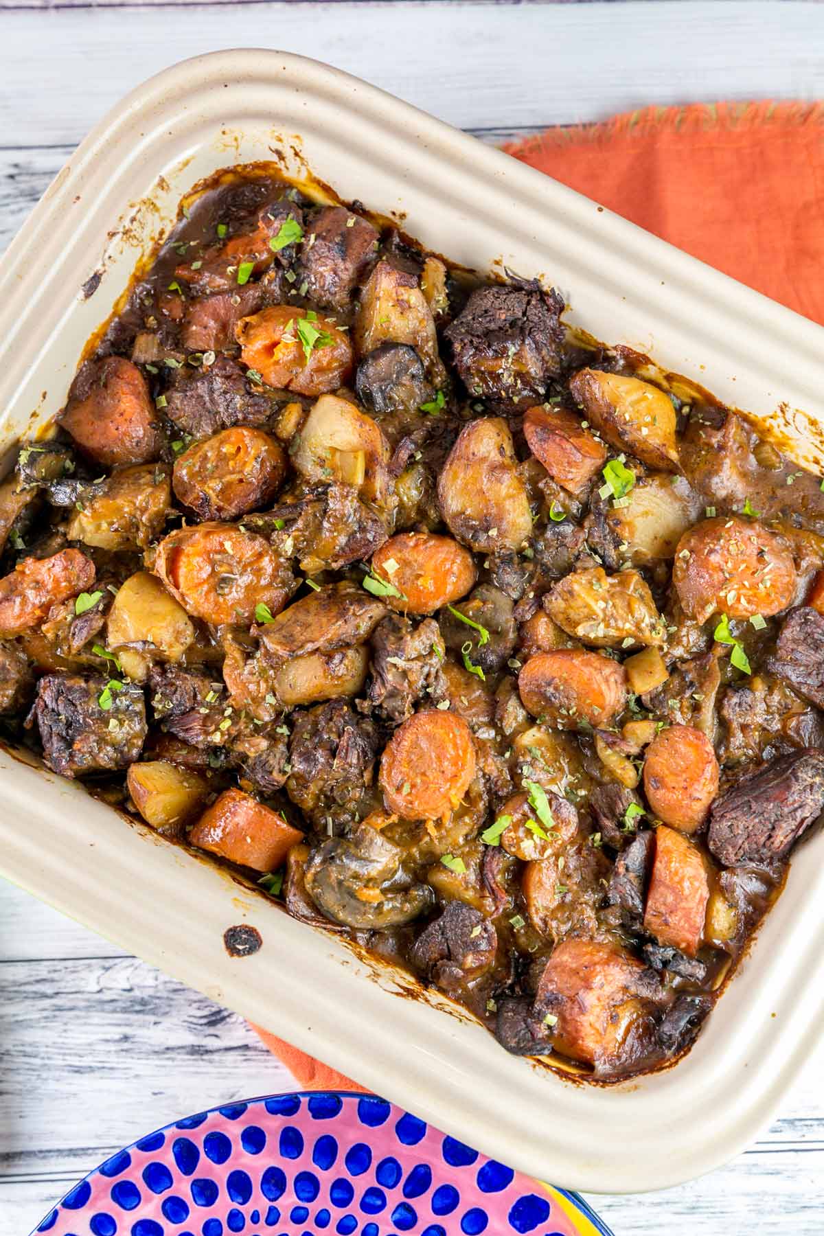 casserole dish filled with beef stew
