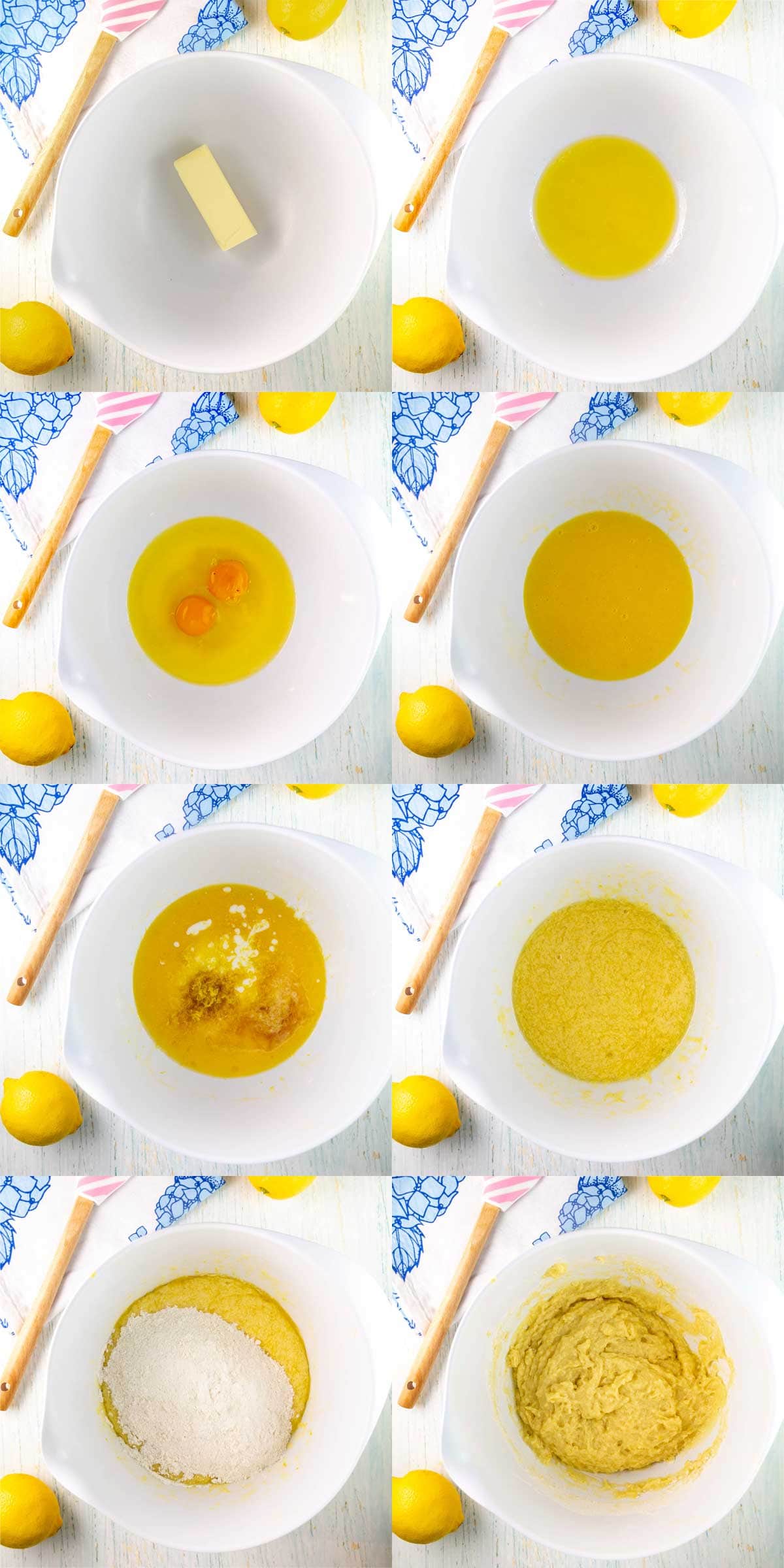 series of photos showing how to mix lemon muffin batter step by step