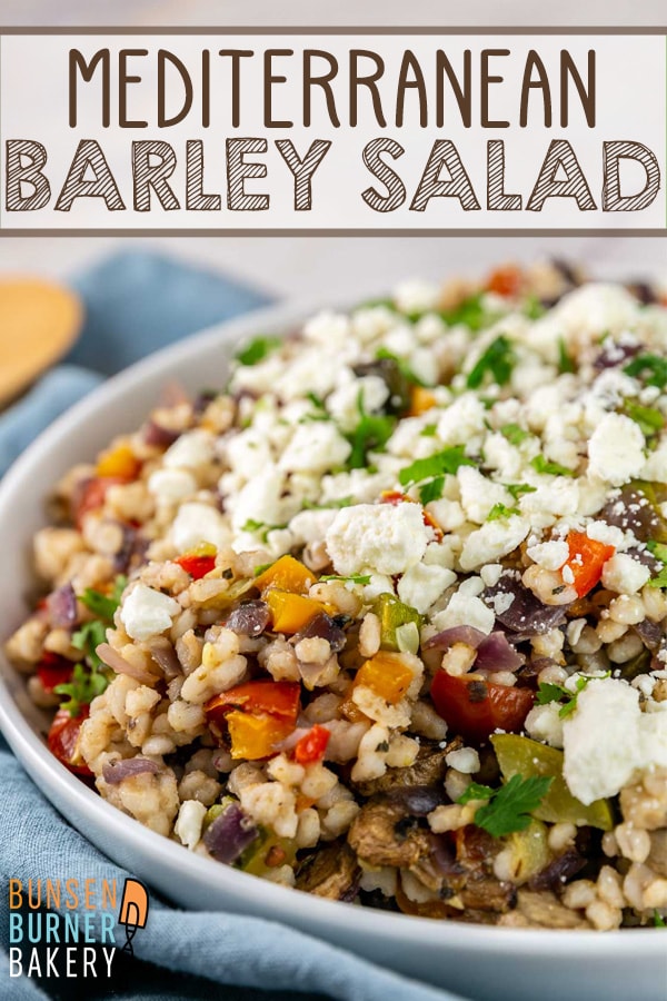 This simple, easy Mediterranean Barley Salad takes roasted veggies seasoned to perfection along with tender barley to make a filling and healthy superfood salad! Top it all off with feta for extra texture and flavor!