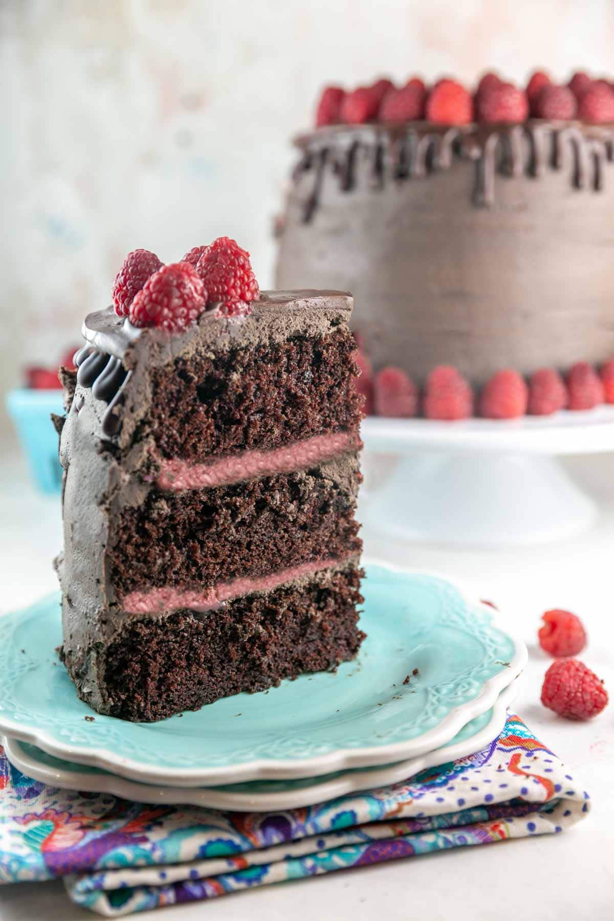 super moist chocolate cake showing the soft texture and small crumbs