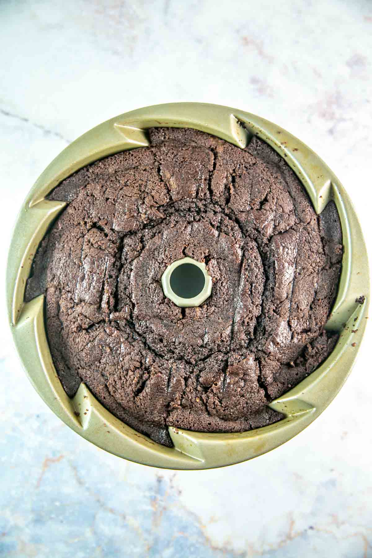 Chocolate cake after being baked while still in the bundt pan. 