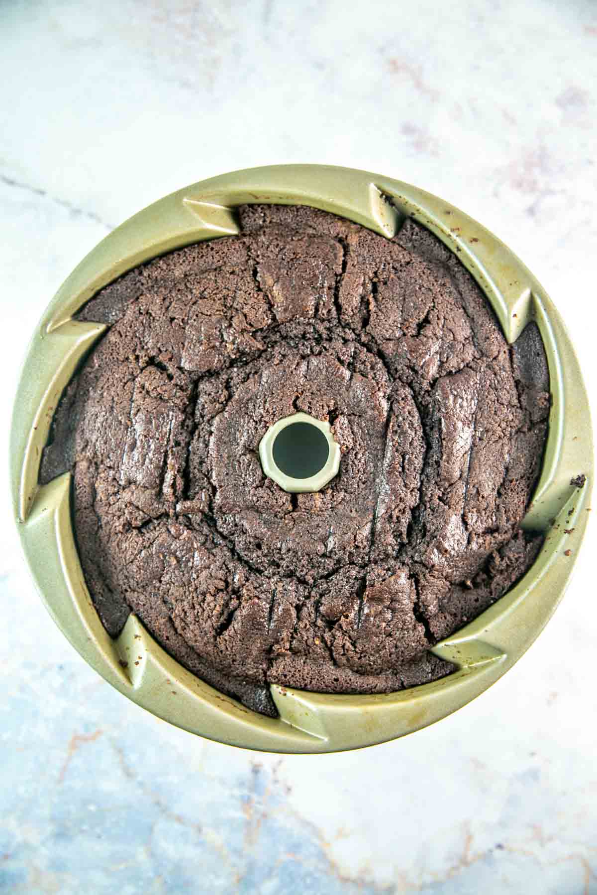 Chocolate cake after being baked while still in the bundt pan. 